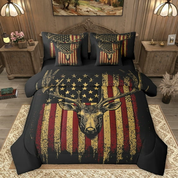Homewish Safari Deer 7-Piece Twin Bedding Sets,Retro American Flag Bedding Comforter Set,Jungle Wildlife Sheet Sets For Boys Kids,Ultra Soft Home Decor Reversible