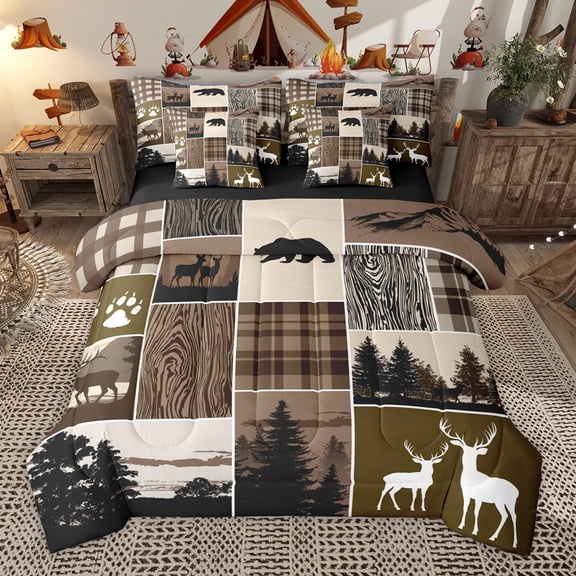 Homewish Safari Deer 7-Piece Twin Bedding Sets,Rustic Farmhouse Cabin Bedding Comforter Set,Brown Beige Black Sheet Sets For Adults,Ultra Soft Home Decor Reversible