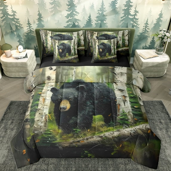 Homewish Safari Deer 7-Piece Twin Bedding Sets,Rustic Plant Tree Bedding Comforter Set,Green Black Sheet Sets For Boys Teens,Super Cozy Room Decor Reversible