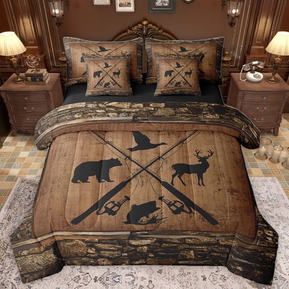 Homewish Safari Deer Bear 7 Pieces Bedding Comforter Set,Wild Animal Full Bedding Set,Pike Fish Fitted Sheet Flat Sheet For Boys Teens,Breathable Home Decor Reversible