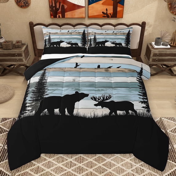 Homewish Safari Deer Bear Bedding Comforter Set,Graffiti Striped Twin Comforter Sets,Jungle Animal Bedding Set For Boys Teens,Super Cozy Room Decor Reversible,2 Pieces