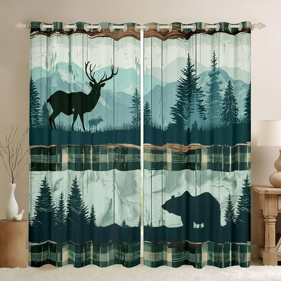 Homewish Safari Deer Bear Blackout Curtains Set of 2 (52x84 Each),Graffiti Plaid Grid Window Curtains,Green Blue Curtains and Drapes For Boys Teens,Super Cozy Room Decor