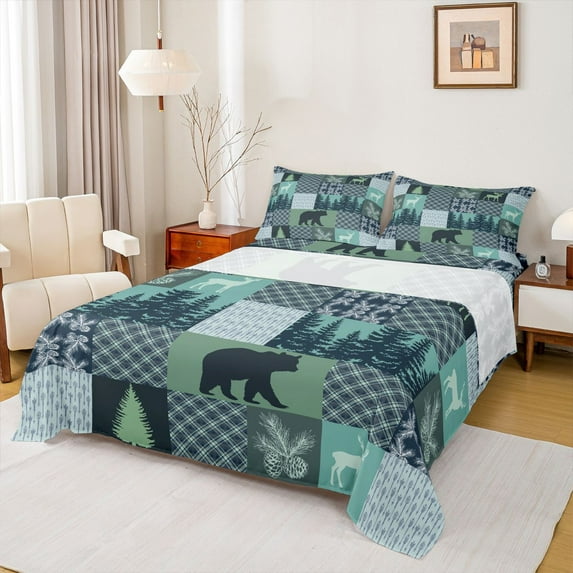 Homewish Safari Deer Bear Full Size Sheets 4-Piece for Female Men Adults,Jungle Animal Breathable Bed Sheets,Green Plaid Checkered Lightweight Sheet Sets,Lightweight Room Decor