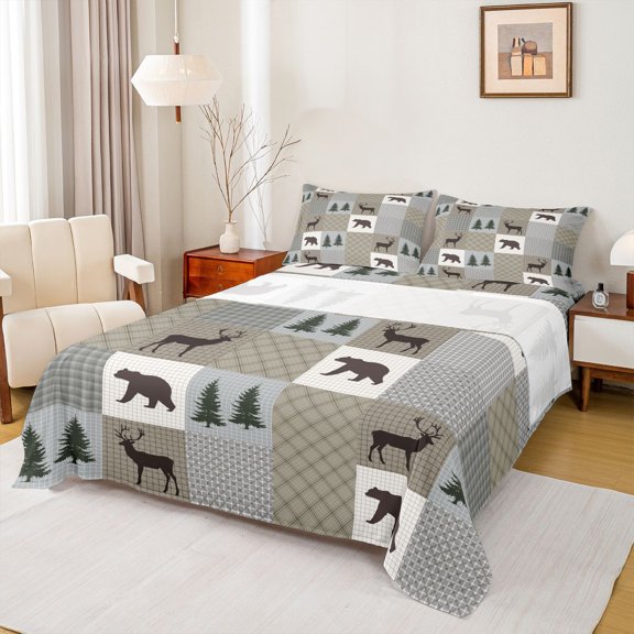 Homewish Safari Deer Bear Full Size Sheets 4-Piece for Female Men Adults,Jungle Animal Breathable Bed Sheets,Grey Plaid Checkered Lightweight Sheet Sets,Lightweight Room Decor
