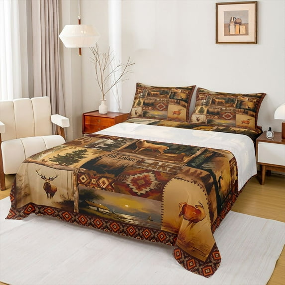 Homewish Safari Deer Rustic Farmhouse King Sheet Set (4-Piece) Bear Paws print Cozy Decor For Boys Kids
