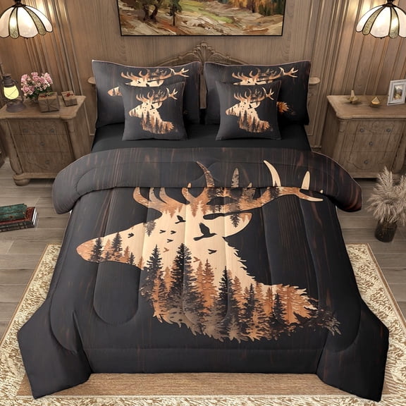 Homewish Safari Deer Bedding Comforter Set 7-Piece for Female Men Adults,Woodland Animal King Bedding Sets,Jungle Wildlife Ultra Soft Bed Sheets,Ultra Soft Home Decor,Reversible