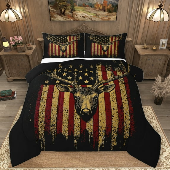Homewish Safari Deer Bedding Comforter Set,Retro American Flag Twin Comforter Sets,Jungle Wildlife Bedding Set For Boys Kids,Ultra Soft Home Decor Reversible,2pcs
