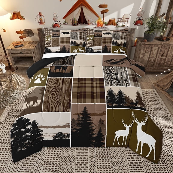 Homewish Safari Deer Bedding Comforter Set,Rustic Farmhouse Cabin Twin Comforter Sets,Brown Beige Black Bedding Set For Adults,Ultra Soft Home Decor Reversible,2-Piece