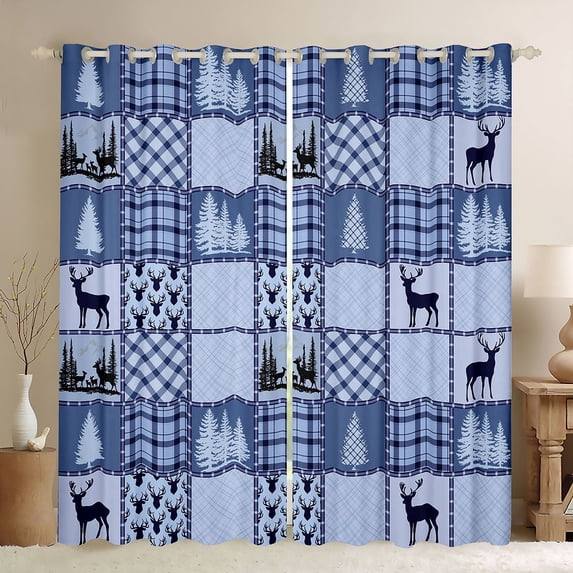Homewish Safari Deer Black Out Curtains for Female Men Adults,Jungle Animal Curtains Pack of 2 (42x63 Each),Blue Plaid Checkered Bedroom Curtains,Lightweight Room Decor