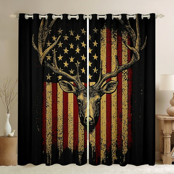 Homewish Safari Deer Black Out Curtains,Retro American Flag Curtains Pack of 2 (42x63 Each),Jungle Wildlife Bedroom Curtains For Boys Kids,Ultra Soft Home Decor