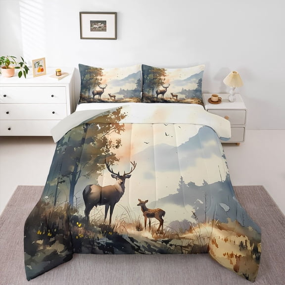Homewish Safari Deer Elk Bedding Comforter Set,Jungle Wildlife Twin Comforter Sets,Brown Blue Bedding Set For Boys Teens,Microfiber Bedroom Decor Reversible,2 Pieces