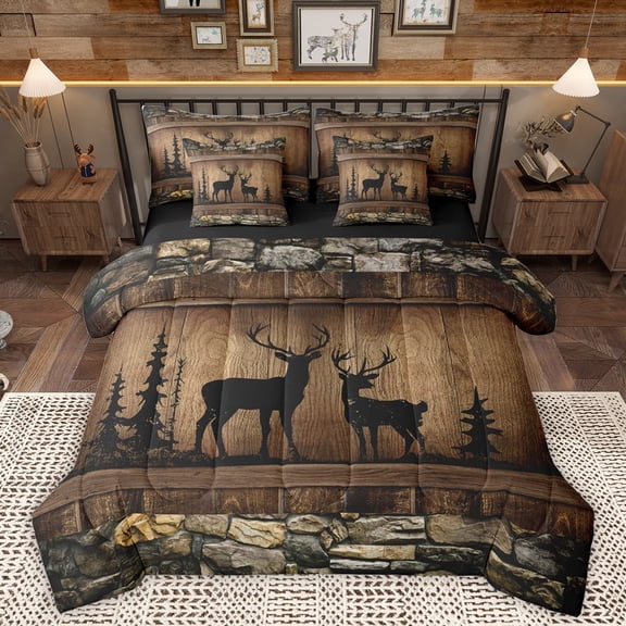Homewish Safari Deer Moose 7-Piece Bedding Comforter Set,Country Farmhouse Lodge King Bedding Sets,Woodland Animal Bed Sheets For Boys Teens,Ultra Soft Home Decor Reversible