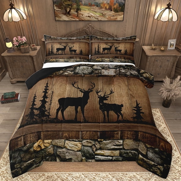 Homewish Safari Deer Moose Bedding Comforter Set,Country Farmhouse Lodge Twin Comforter Sets,Woodland Animal Bedding Set For Boys Teens,Ultra Soft Home Decor Reversible,2-Piece