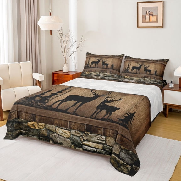 Homewish Safari Deer Moose Twin Sheet Sets,Country Farmhouse Lodge Twin Fitted Sheet,Woodland Animal Flat Sheet For Boys Teens,Ultra Soft Home Decor,3-Piece