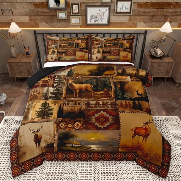 Homewish Safari Deer Rustic Farmhouse Cabin Cartoon Bear Paws Queen Comforter Set, Reversible Super Cozy Boys Bedding, 3-Piece