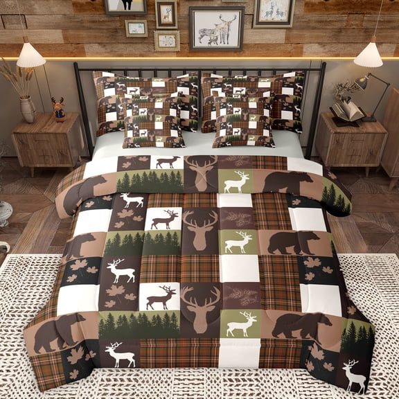 Homewish Safari Deer Silhouette 7-Piece Bedding Comforter Set,Rustic Western Farmhouse King Bedding Sets,Patchwork Geometric Checkered Bed Sheets For Boys Teens,Ultra Soft Home Decor Reversible