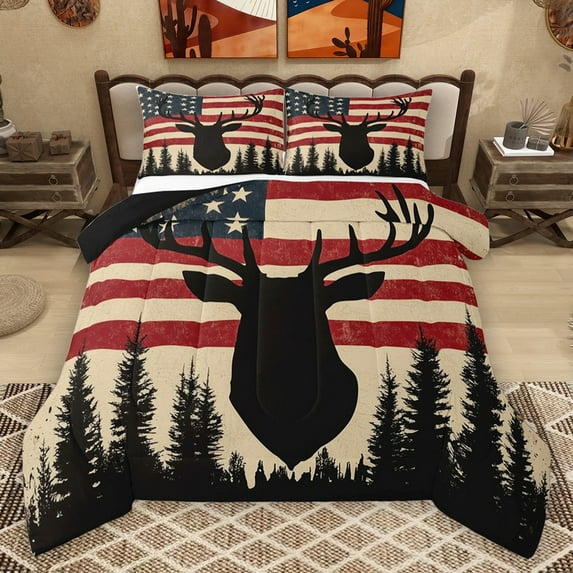 Homewish Safari Deer Silhouette Bedding Comforter Set,American Flage Pattern Twin Comforter Sets,Red Beige Black Bedding Set For Boys Teens,Super Cozy Room Decor Reversible,2 Pieces