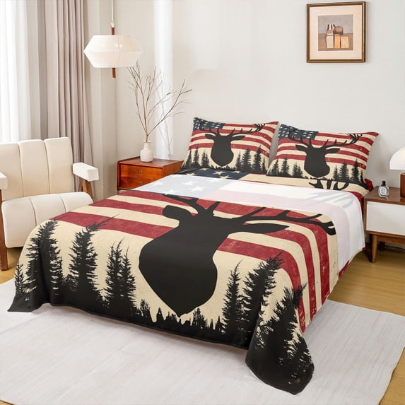 Homewish Safari Deer Silhouette Twin Sheet Sets,American Flage Pattern Twin Fitted Sheet,Red Beige Black Flat Sheet For Boys Teens,Super Cozy Room Decor,3 Pieces