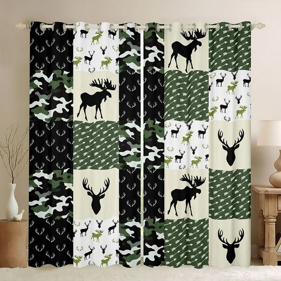 Homewish Safari Deer Skull Curtains Pack of 2 (42x84 Each),Rustic Camo Curtains Blackout,Green Black Beige Bedroom Curtains For Boys Teens,Luxury Bedroom Decor