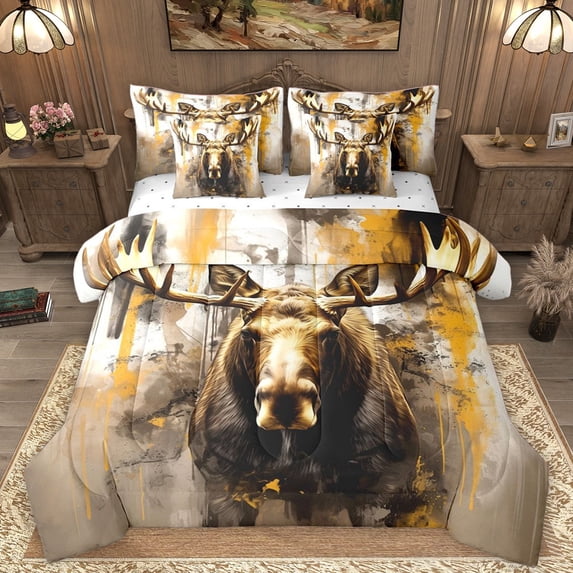 Homewish Safari Deer Twin Bedding Sets 7-Piece for Female Men Adults,Woodland Animal Bedding Comforter Set Microfiber,Graffiti Splash Breathable Sheet Sets,Ultra Soft Home Decor,Reversible