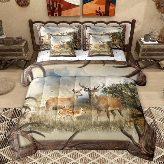 Homewish Safari Deer Twin Bedding Sets 7-Piece for Teens,Jungle Wildlife Bedding Comforter Set Microfiber,Retro Tree Branches Breathable Sheet Sets,Luxury Bedroom Decor,Reversible