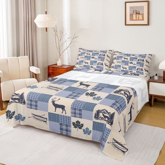 Homewish Safari Deer Twin Sheet Sets 3pcs for Female Men Boys Girls,Blue Plaid Grid Twin Fitted Sheet Microfiber,Jungle Animal Breathable Flat Sheet,Super Cozy Room Decor