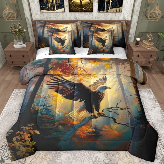 Homewish Safari Eagle 7-Piece Bedding Comforter Set,Rustic Autumn Plant King Bedding Sets,Flying Animal Bed Sheets For Adults,Super Cozy Room Decor Reversible