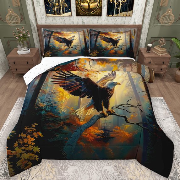 Homewish Safari Eagle Bedding Comforter Set,Rustic Autumn Plant Twin Comforter Sets,Flying Animal Bedding Set For Adults,Super Cozy Room Decor Reversible,2 Pieces