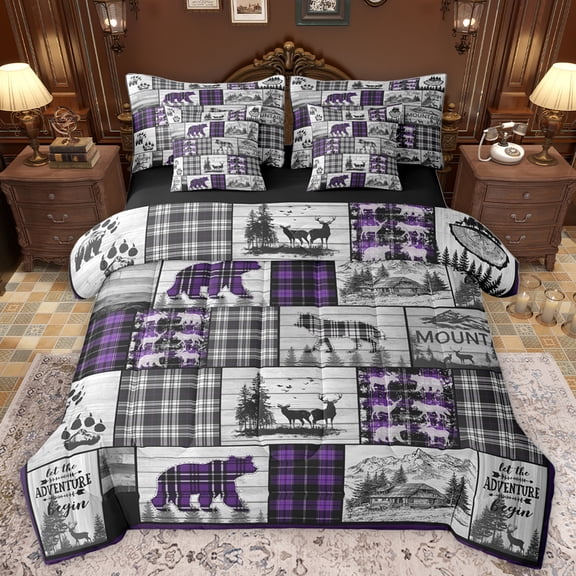 Homewish Safari Elk Bear 7-Piece Bedding Comforter Set,Country Farmhouse Lodge King Bedding Sets,Purple Gray Bed Sheets For Men Women,Ultra Soft Home Decor Reversible