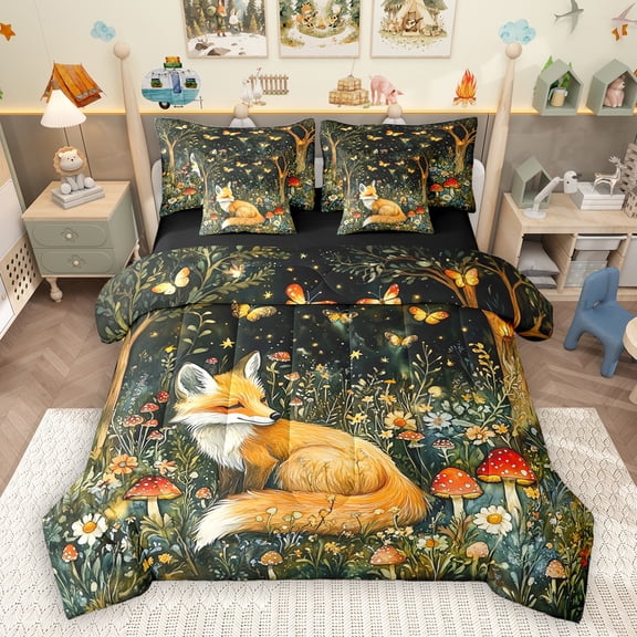 Homewish Safari Fox 7-Piece Bedding Comforter Set,Red Rustic Mushroom King Bedding Sets,Colorful Country Floral Bed Sheets For Girls Boys,Microfiber Bedroom Decor Reversible