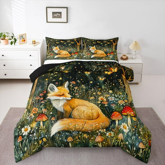 Homewish Safari Fox Queen Comforter Set,Red Rustic Mushroom Bedding Sets,Colorful Country Floral Bedding Comforter Set For Girls Boys,Microfiber Bedroom Decor Reversible,3pcs