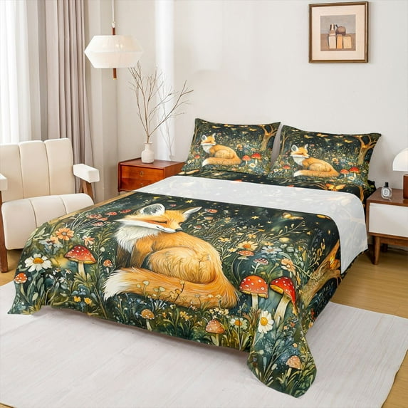 Homewish Safari Fox Twin Sheet Sets,Red Rustic Mushroom Twin Fitted Sheet,Colorful Country Floral Flat Sheet For Girls Boys,Microfiber Bedroom Decor,3-Piece