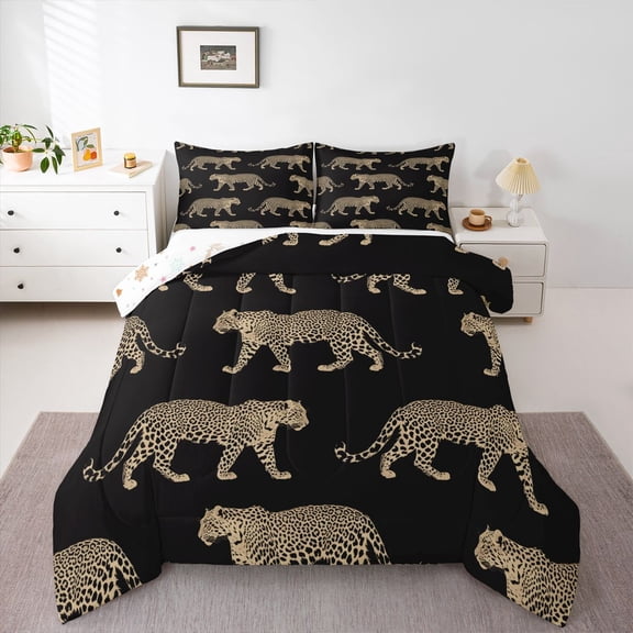 Homewish Safari Leopard 2pcs Bedding Comforter Set For Kids Teens Adults,Cheetah Print Twin Comforter Sets,Black Brown Breathable Bedding Set,Luxury Bedroom Decor,Reversible