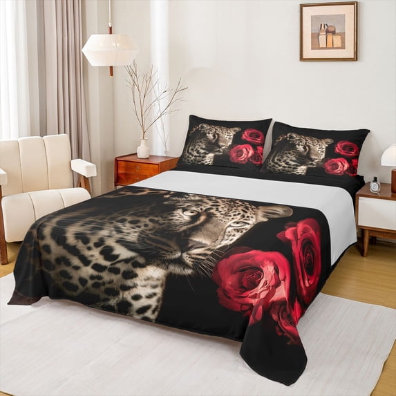 Homewish Safari Leopard 4pcs Bed Sheets for Teens,Chic Floral Red Rose King Sheets,Woodland Animal Cheetah Super Cozy Sheet Set,Luxury Bedroom Decor