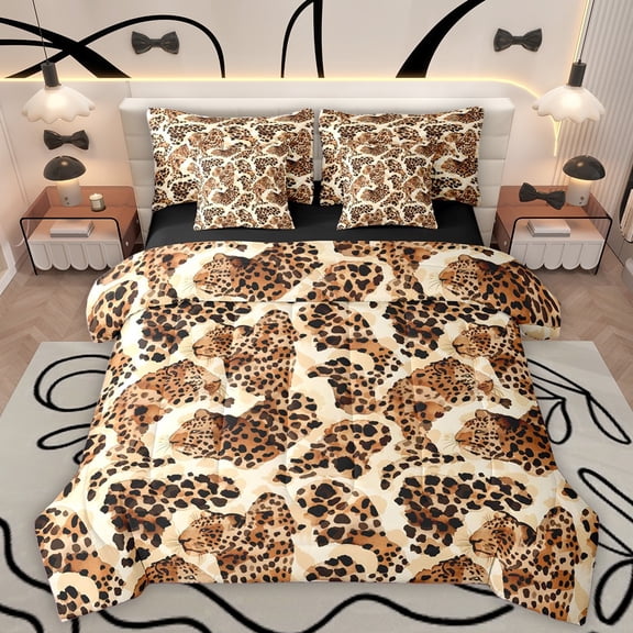 Homewish Safari Leopard 7pcs Bedding Comforter Set For Children Teens Adults,Animal Cheetah Print Queen Bedding Sets Super Cozy,Jungle Woodland Wildlife Queen Sheet Sets,Luxury Bedroom Decor