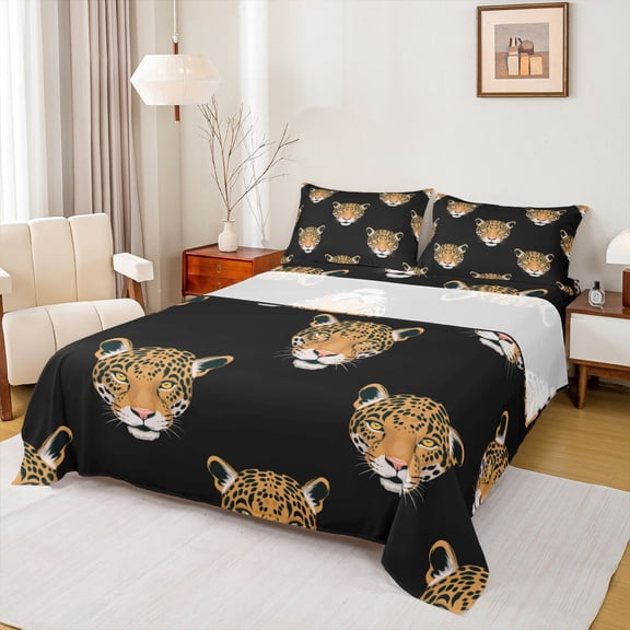 Homewish Safari Leopard Cheetah Bed Sheets,Jungle Wildlife King Sheets,Brown Black Sheet Set For Adults,Microfiber Bedroom Decor,4-Piece