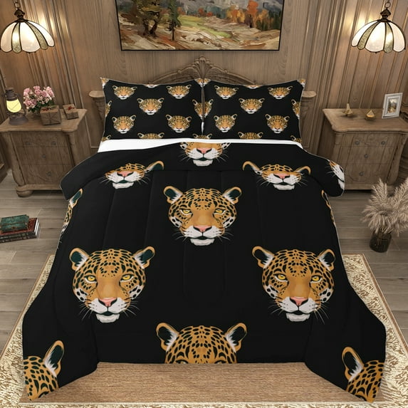 Homewish Safari Leopard Cheetah Full Size Comforter Sets,Jungle Wildlife Bedding Comforter Set,Brown Black Bedding Sets For Adults,Microfiber Bedroom Decor Reversible,3 Pieces