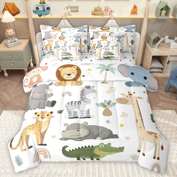 Homewish Safari Leopard Zebra 7pcs Bedding Comforter Set,Zoo Hippopotamus Giraffe Queen Bedding Sets,Jungle Animal Queen Sheet Sets For Boys Kids,Luxury Bedroom Decor Reversible