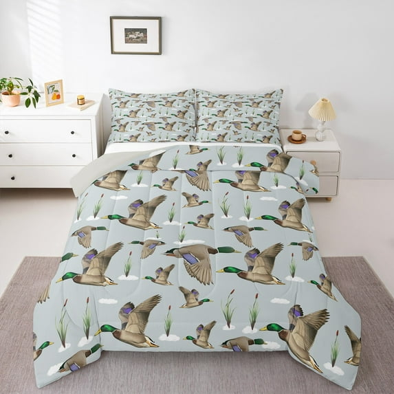 Homewish Safari Mallard Duck 3 Pieces Queen Comforter Set For Female Men Adults,Green Brown Ultra Soft Bedding Sets,Jungle Animal Bedding Comforter Set,Lightweight Room Decor,Reversible