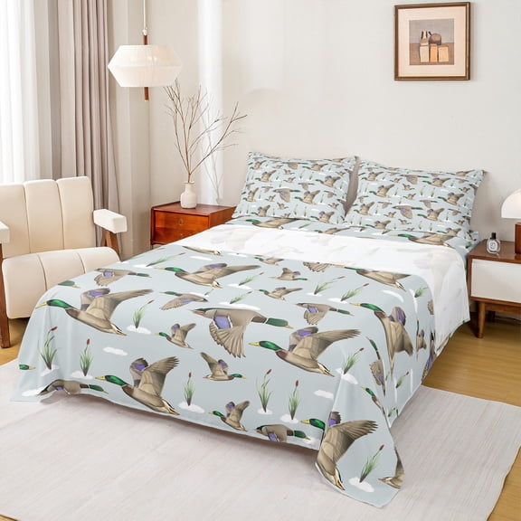 Homewish Safari Mallard Duck 3pcs Twin Sheet Sets For Female Men Adults,Green Brown Twin Fitted Sheet,Jungle Animal Breathable Flat Sheet,Lightweight Room Decor
