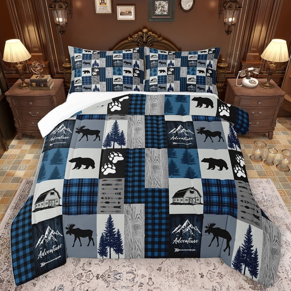 Homewish Safari Moose Bear Queen Comforter Set,Country Farmhouse Lodge Bedding Sets,Outdoor Adventure Bedding Comforter Set For Men Women,Ultra Soft Home Decor,3pcs