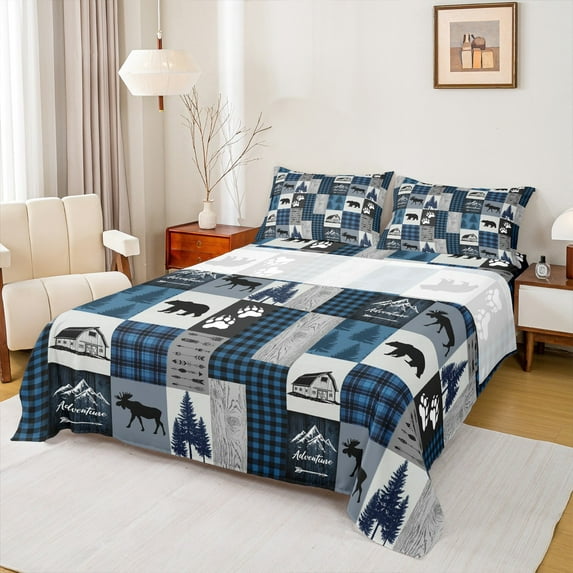 Homewish Safari Moose Bear Twin Sheet Sets,Country Farmhouse Lodge Twin Fitted Sheet,Outdoor Adventure Flat Sheet For Men Women,Ultra Soft Home Decor,3-Piece