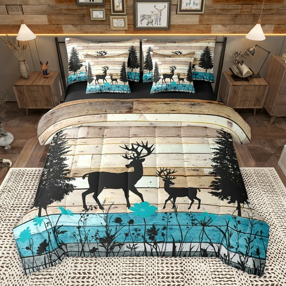 Homewish Safari Moose Deer 7-Piece Twin Bedding Sets,Rustic Farmhouse Cabin Bedding Comforter Set,Brown Black Blue Sheet Sets For Boys,Breathable Home Decor Reversible