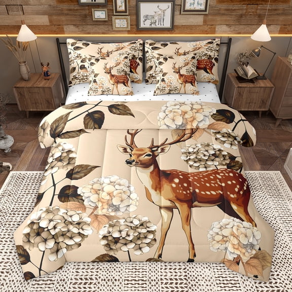 Homewish Safari Moose Deer 7pcs Bedding Comforter Set,Retro Rustic Hydrangea Queen Bedding Sets,Brown Beige Queen Sheet Sets For Girl Kids,Super Cozy Room Decor Reversible