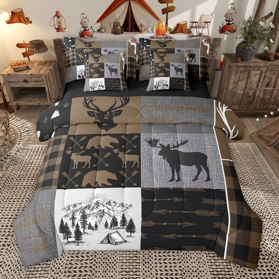 Homewish Safari Moose Deer 7pcs Bedding Comforter Set,Rustic Farmhouse Cabin Queen Bedding Sets,Brown Gray Queen Sheet Sets For Boys,Breathable Home Decor Reversible