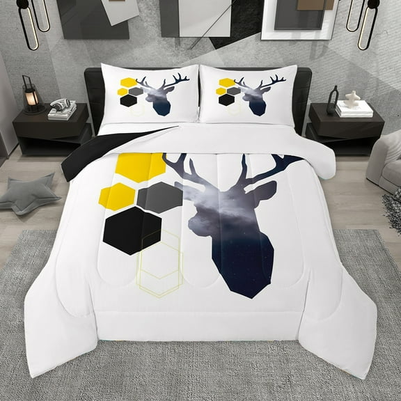 Homewish Safari Moose Deer Bedding Comforter Set,Modern Hockeycomb Hexagon Twin Comforter Sets,Gray White Black Bedding Set For Girl Kids,Super Cozy Room Decor Reversible,2pcs