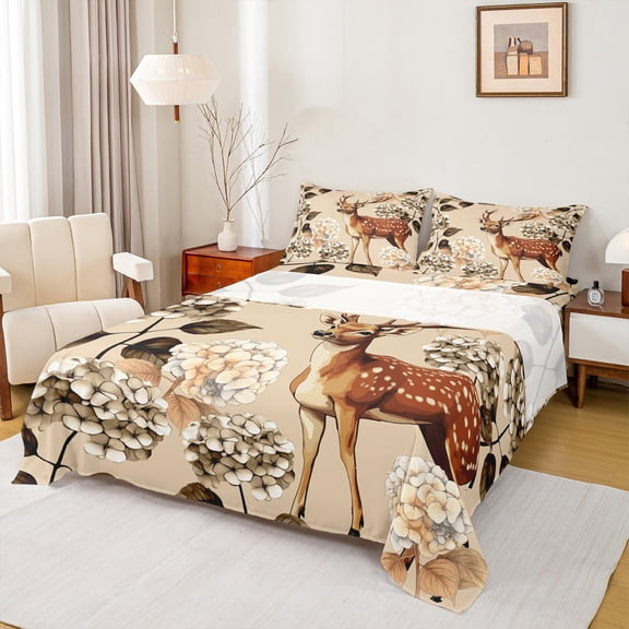 Homewish Safari Moose Deer Full Size Sheets,Retro Rustic Hydrangea Bed Sheets,Brown Beige Sheet Sets For Girl Kids,Super Cozy Room Decor,4pcs