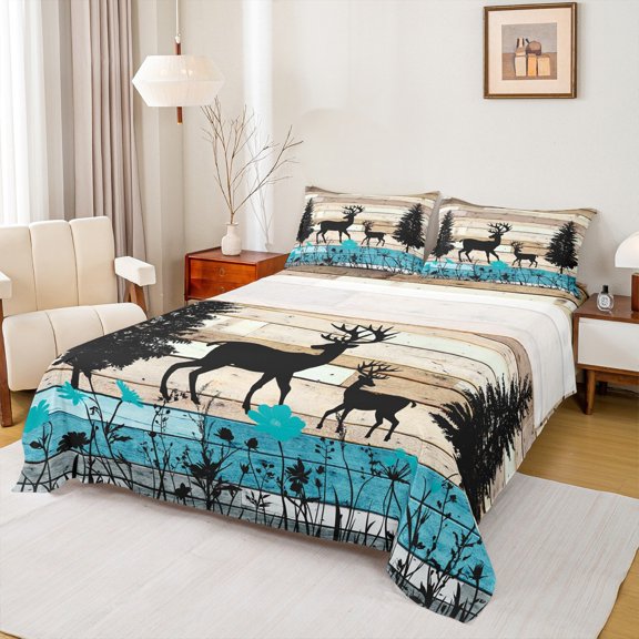 Homewish Safari Moose Deer Full Size Sheets,Rustic Farmhouse Cabin Bed Sheets,Brown Black Blue Sheet Sets For Boys,Breathable Home Decor,4pcs