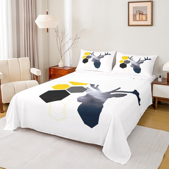 Homewish Safari Moose Deer Twin Sheet Sets,Modern Hockeycomb Hexagon Twin Fitted Sheet,Gray White Black 03 For Girl Kids,Super Cozy Room Decor,3pcs