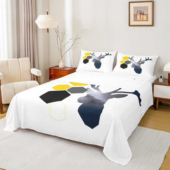 Homewish Safari Moose Deer Twin Sheet Sets,Modern Hockeycomb Hexagon Twin Fitted Sheet,Gray White Black 03 For Girl Kids,Super Cozy Room Decor,3pcs